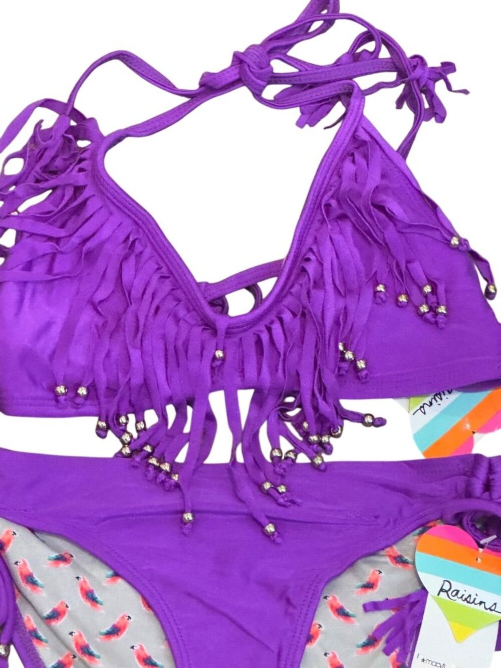 Raisins Purple Fringe Bikini Set With Beaded Accents & Parrot - Picture 3 of 7